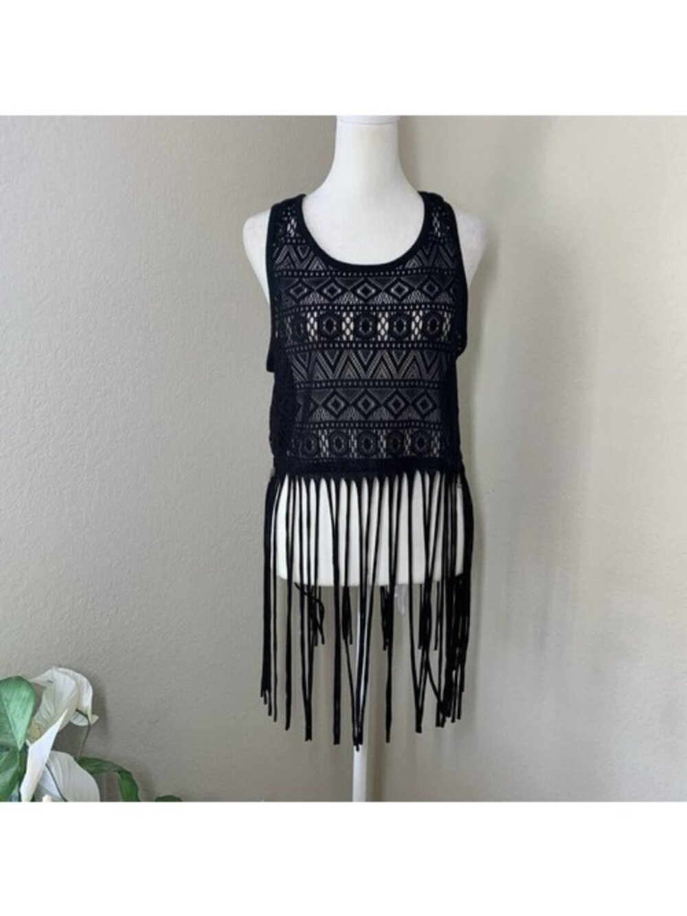 Almost Famous Black Lace Crop Tank Top Long Fringe Bohemian Hippie Boho